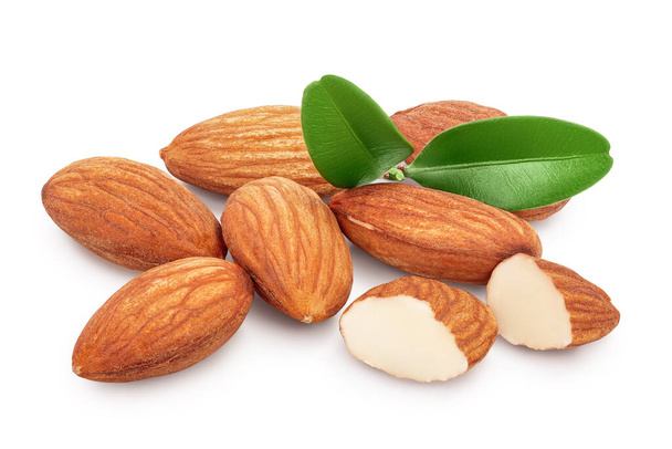 Almonds nuts with leaves isolated on white background with clipping path and full depth of field. - Photo, Image