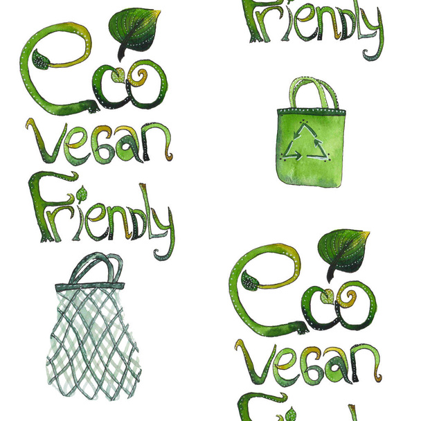Seamless pattern with letters hand drawn hrase: eco vegan friendly with shopping bags. Texture for textile, wrapping paper, etc. - Photo, Image