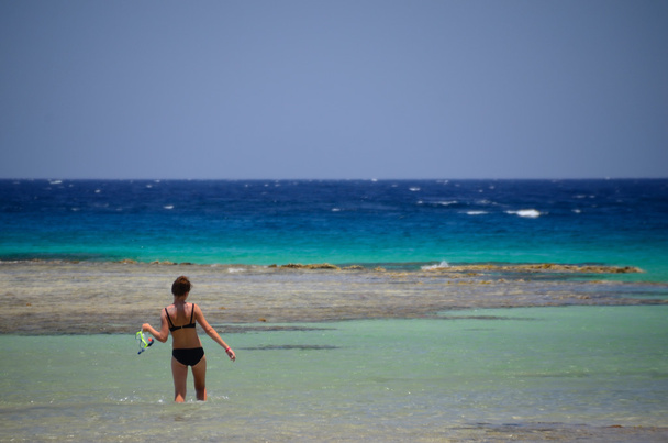 Frau im Bikini beim Schnorcheln auf See - Foto, Bild