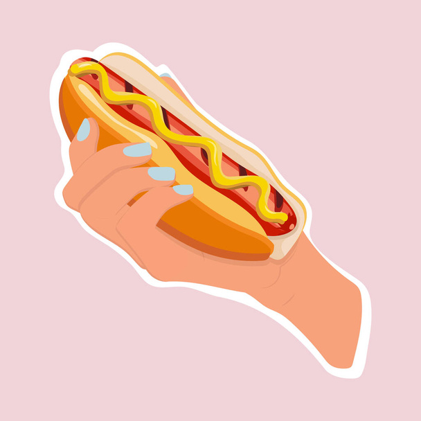 Векторная иллюстрация хот-дога в руке женщины на светло-розовом фоне. Вкусный фастфуд - лучший выбор. Все, что ему нужно - текст о цене, специальные предложения
. - Вектор,изображение