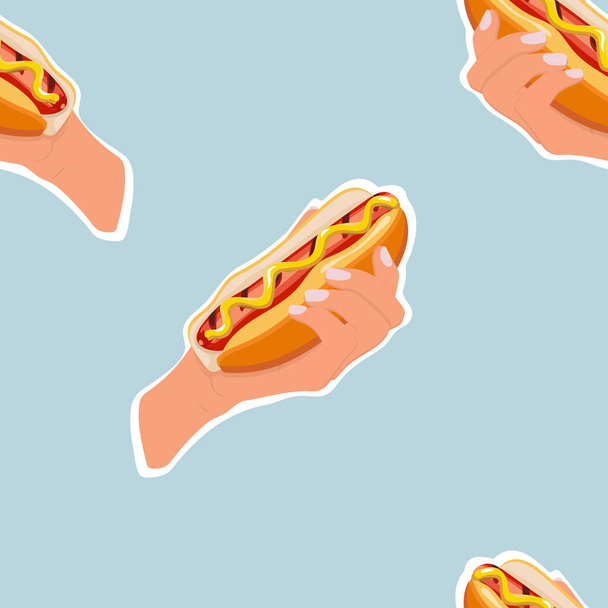 Płynny wzór fast food hot dogów z bułkami w ręku, grillowane kiełbasy, pikantny sos musztardowy izolowany na jasnoniebieskim tle. Kolorowe kanapki wektor wzór dla ulicznego jedzenia lub menu na wynos - Wektor, obraz