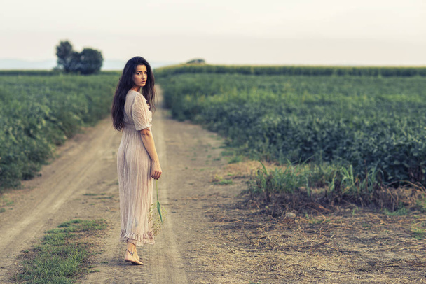 Chica en vestido largo en el medio del campo de pie - Foto, imagen