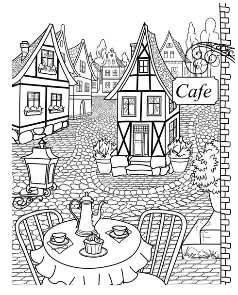 Hangulatos utca macskaköves járdával, szép házakkal és kávézóval. - Vektor, kép