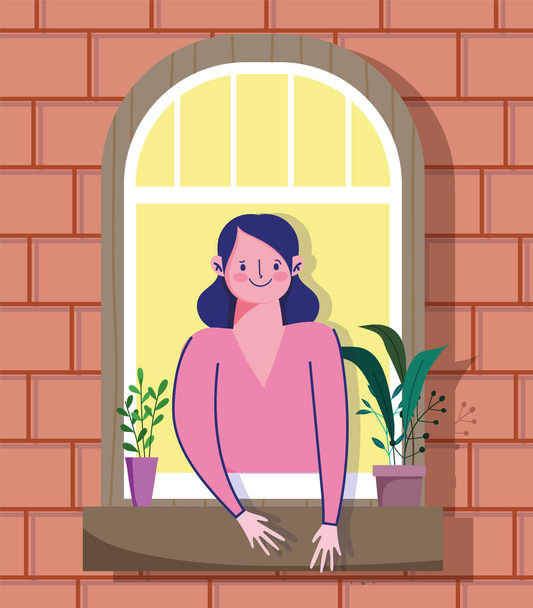 Μείνετε στο σπίτι καραντίνα, γυναίκα κοιτάζοντας το παράθυρο με το φυτό σε γλάστρα, πρόσοψη του κτιρίου τούβλο - Διάνυσμα, εικόνα