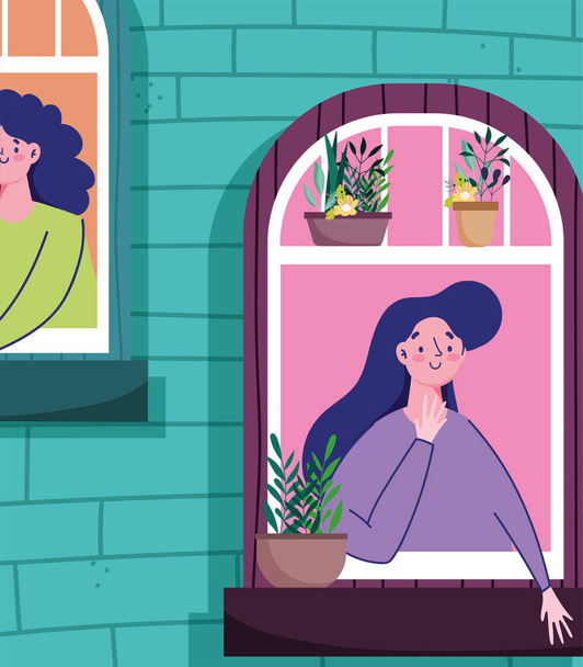 перебування вдома карантин, жінки у вікні багатоквартирний будинок фасад горщики рослини мультфільм
 - Вектор, зображення