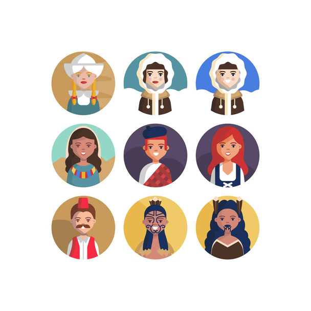 Multicultural National Avatar Female and Male User Illustrations Different nationalities people diversity avatars. - Вектор,изображение