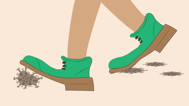 コロナウイルス菌は靴で粉砕された。緑のブーツで2本足. - ベクター画像