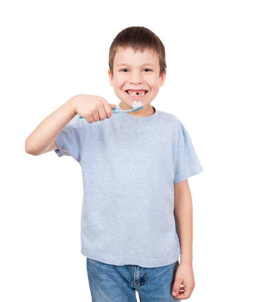 αγόρι πορτρέτο με οδοντόβουρτσα και χαμένο δόντι - Φωτογραφία, εικόνα