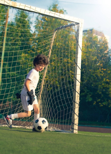 Summer soccer tournament for young kids. football club. emotions and joy of the game. Young goalie. Kids - soccer champion. Boy goalkeeper in football sportswear on stadium with ball. Sport concept. - Foto, imagen