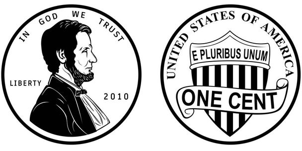 Alta qualidade moeda de um centavo EUA América. Abraham Lincoln Observar e união escudo reverso 2010 presente penny vetor isolado preto e branco
 - Vetor, Imagem
