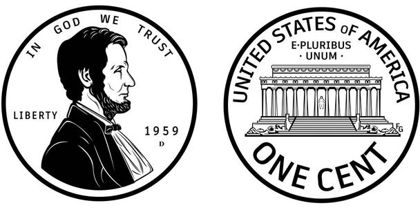 Hochwertige 1 Cent Münze US America. Abraham Lincoln Observe und Lincoln Memorial reverse 1959 penny schwarz-weiß isolierter Vektor - Vektor, Bild
