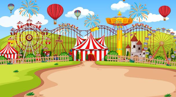 Themepark scene with many rides at day time illustration - Vector, Image
