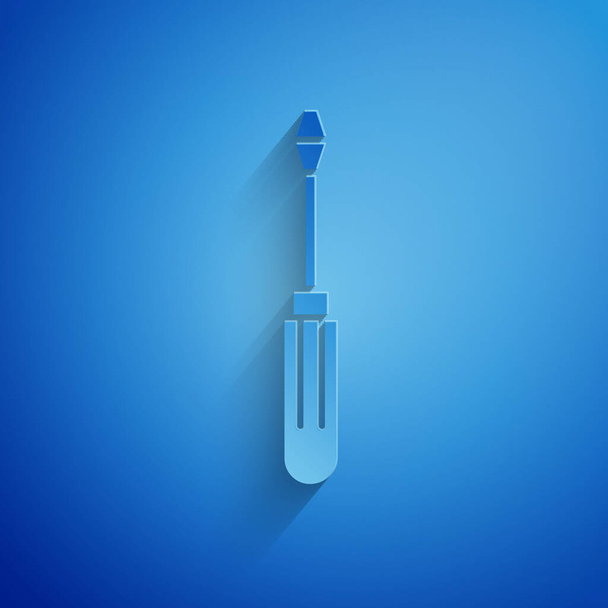 Corte de papel Icono del destornillador aislado sobre fondo azul. Símbolo herramienta de servicio. Estilo de arte de papel. Ilustración vectorial - Vector, imagen