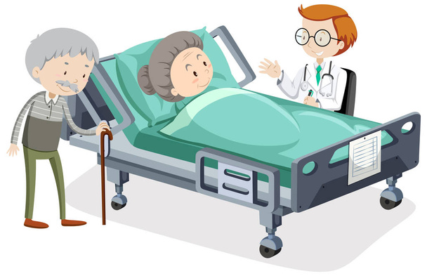 Тема коронавірусу зі старою жінкою в ілюстрації лікарняного ліжка
 - Вектор, зображення
