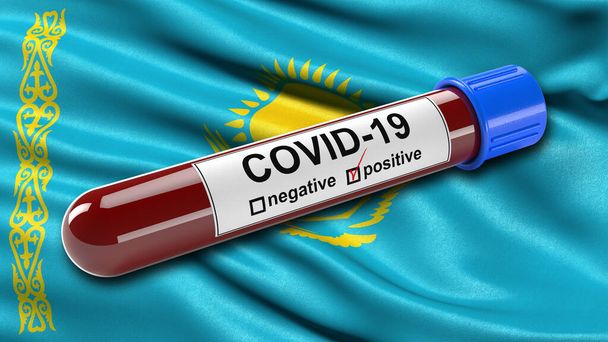 Kazakstanin lippu vilkuttaa tuulessa positiivisella Covid-19 verikoeputkella. 3D-kuvauskonsepti uuden Corona-viruksen diagnosoinnissa käytettävää verikoetta varten
. - Valokuva, kuva