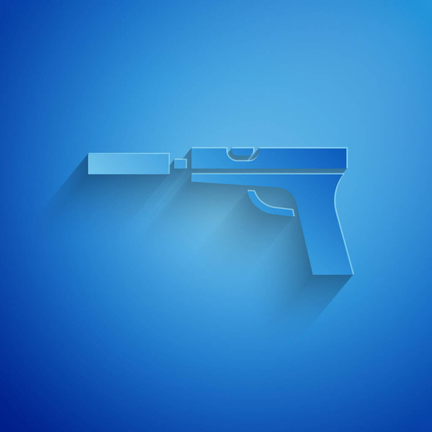 Papírový střih pistole nebo pistole s ikonou tlumiče izolované na modrém pozadí. Papírový styl. Vektorová ilustrace - Vektor, obrázek