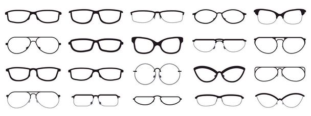メガネフレーム。アイウェアシルエット、メガネフレーム、光学レンズフレーム、ヒップスター眼鏡。ファッション光学アイウェアベクトルイラストアイコンセット - ベクター画像