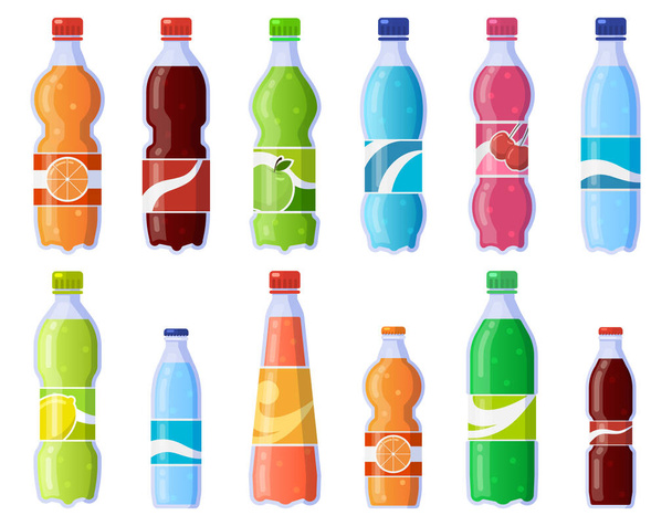 Soda drink bottles. Soft drinks in plastic bottle, sparkling soda and juice drink. Fizzy beverages isolated vector illustration icons set - Vektor, obrázek