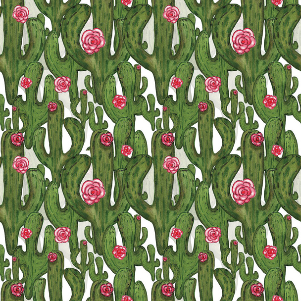Modello floreale senza cuciture cactus acquerello. Fondo con cactus verde e fiori rosa isolati su bianco. Design per sfondo, carta da parati, tessuto, tessile
. - Foto, immagini