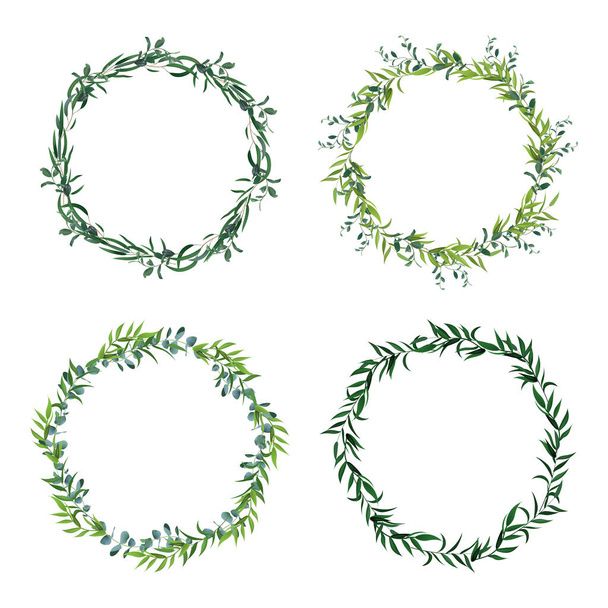 Round leaf borders. Circle green leaves wreath, floral frames, decorative circle invitation. Floral decorations isolated vector icons set - Vektori, kuva