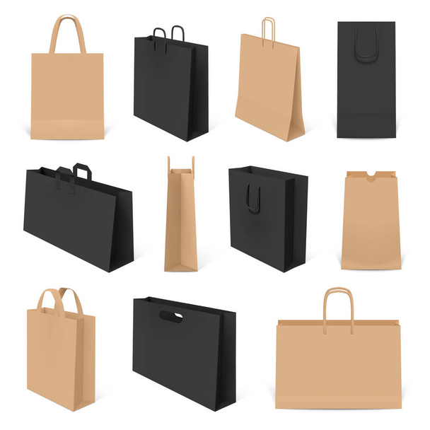Realistyczne torby na zakupy. Papierowa makieta 3d torby, torebki rzemieślnicze i opakowania tożsamości korporacyjnej. Zestaw makiet wektorowych szablonów opakowań - Wektor, obraz
