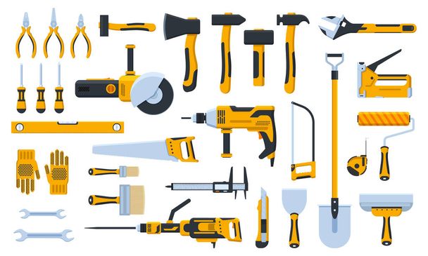 Construction tools. Building repair hand tools, renovation kit, hammer, saw, drill and shovel. Home repair tool vector illustration icons set - Vector, Image