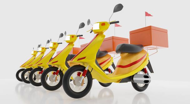 Yellow model Motorcycle with orange box and red frag for concept  Food Delivery. Isolated on white background and wallpaper. 3D Rendering. - Photo, Image