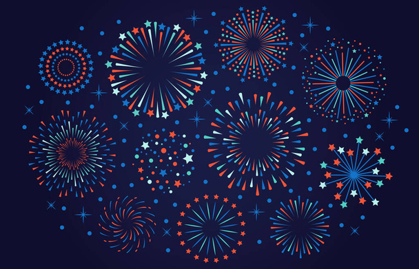 Празднование 4 июля США фейерверки. Фейерверк фестиваля, красочные взрывы фейерверков, векторная иллюстрация фейерверков карнавала
 - Вектор,изображение