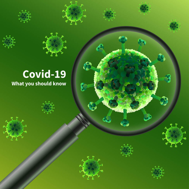 コロナウイルス病COVID-19, SARS-CoV-2拡大鏡付。拡大ガラスと呼吸器感染症、 HIVまたは病原性がん細胞。生物学研究,健康リスクコンセプト,ベクトル3Dビジョン. - ベクター画像