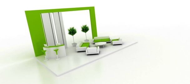 Корпоративная зеленая будка, изолированная на белом, с копировальным пространством. Оригинальный 3D рендеринг
 - Фото, изображение