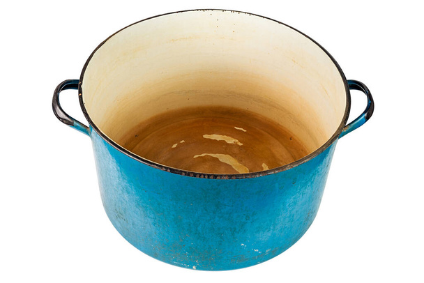 old large enameled blue pot without cover isolated on white background - Photo, Image