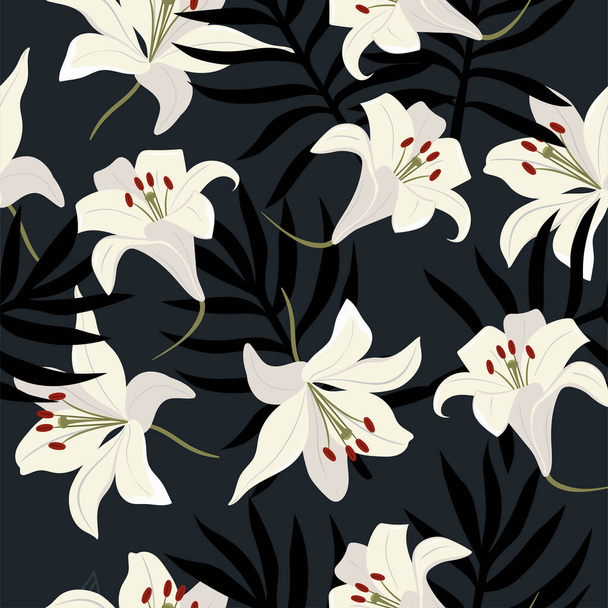 Seamless pattern with white lilies and leaves. Vector image. - Вектор,изображение