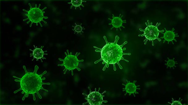 Ілюстрація вірусних клітин або молекул бактерій під мікроскопом. Абстрактні 3d ілюстрації клітин вірусу корони. Патогенний респіраторний грип. Літаючі ковідні вірусні клітини
 - Фото, зображення