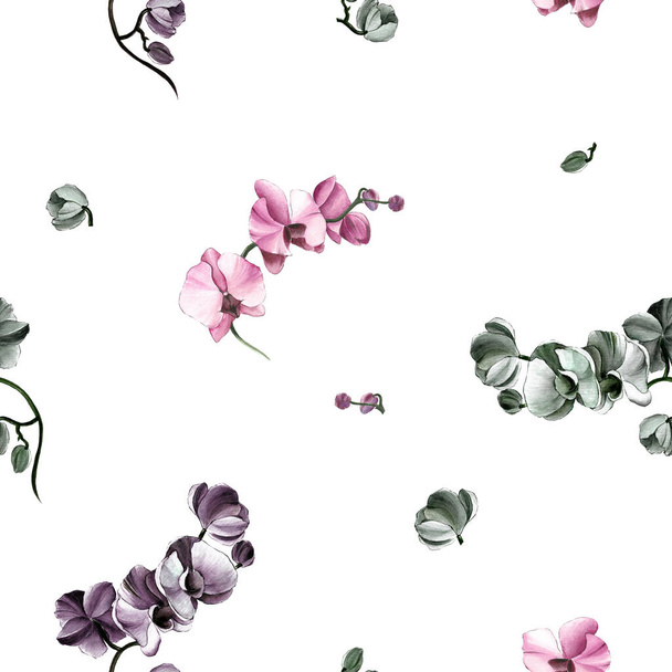 Seamless flower pattern with orchids on a white background. - Foto, Imagen