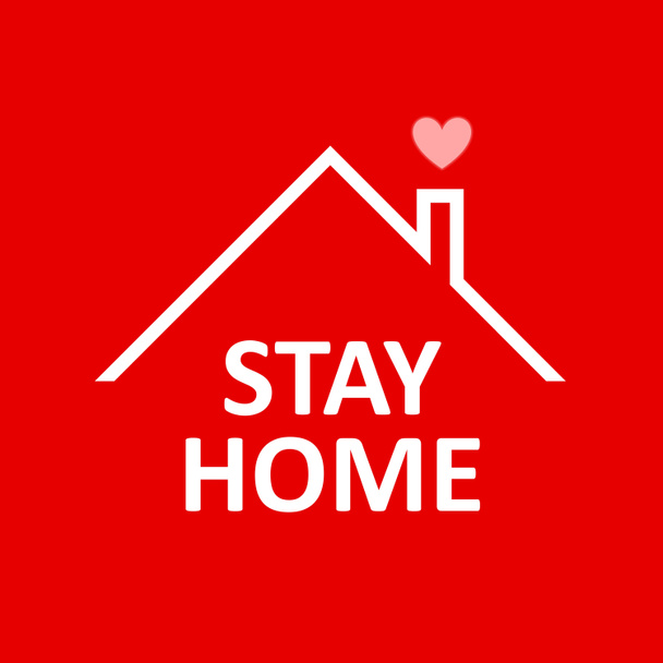 Maradj otthon sms-ezni háztető alatt, szívvel a kémény felett. COVID 19 vagy koronavírus védelmi kampány logó piros alapon. Az elszigeteltség jele vagy szimbóluma. Vírusmegelőzési koncepció. 3D szerelem szív. Tető kéményekkel. - Fotó, kép