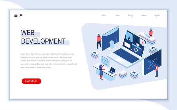Web development isometric landing page. Responsive web design, internet application development, site programming. Digital technology and devices. Busy people in work situation 3d vector isometry. - Vector, Image