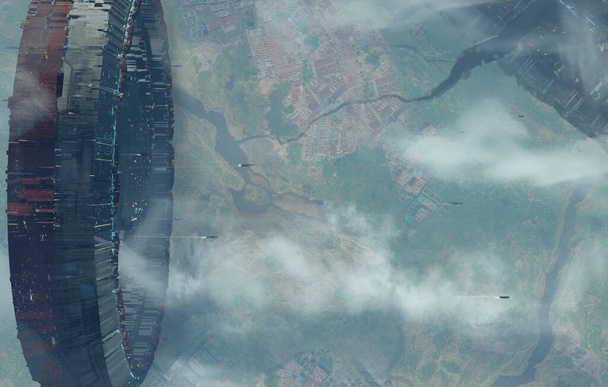 3D απεικόνιση του γιγαντιαίου διαστημικού σταθμού αιωρείται στον ουρανό πάνω από μια μεγάλη πόλη - ψηφιακή φαντασία 3d τέχνη - Φωτογραφία, εικόνα