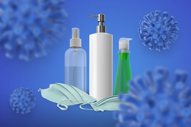 3D render disinfectants on blue corona virus background. - 写真・画像