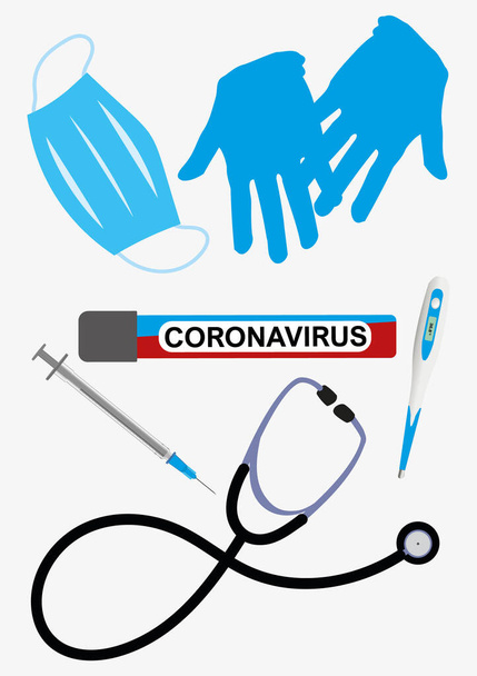 Vector illustratie van reageerbuis met coronavirus bloedmonster op de achtergrond van medische apparatuur.Beschermende masker, handschoenen, stethoscoop, thermometer.Graphics elementen voor banner, poster. - Vector, afbeelding