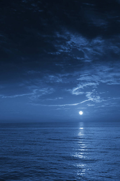 Gece vakti, sakin dalgalarla aydınlatılmış derin mavi ay ışığı okyanusunun bu resmi, gece vakti okyanus ve denizin güzelliğini vurgulayarak, herhangi bir kıyı bölgesi veya tatil için harika bir seyahat arka planı oluşturacaktır.. - Fotoğraf, Görsel