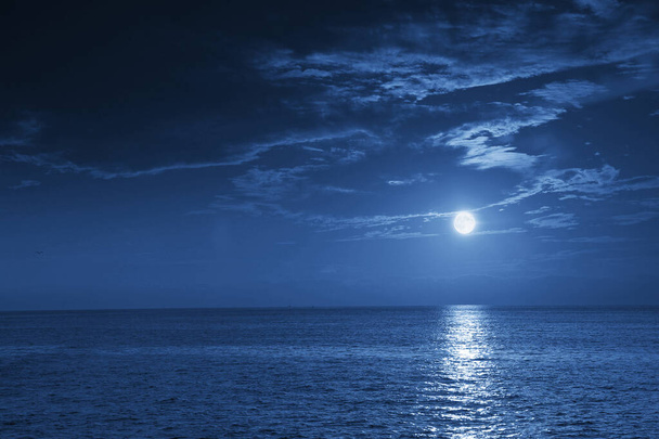波の穏やかな夜の深い青い月明かりの海のこの写真のイラストは、夜の海や海の美しさを強調し、任意の沿岸地域や休暇のための素晴らしい旅行の背景になります. - 写真・画像