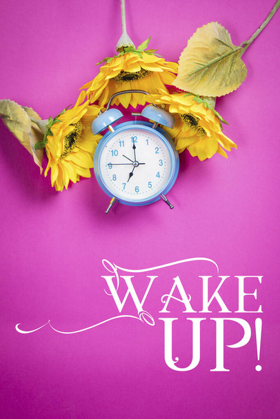 Reloj despertador azul pastel retro sobre fondo rosa con cita Wake Up
 - Foto, Imagen