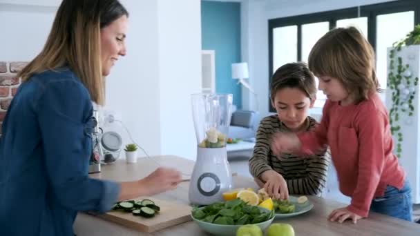 Video of two boys helping his mother to prepare a detox juice with blender in the kitchen at home. - Filmagem, Vídeo