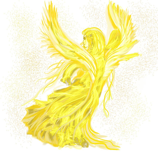 fre vrouw in geel, vrouwelijk lichaam vuur thema - Foto, afbeelding