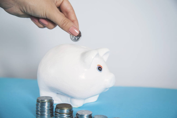 woman hand coins with piggy bank on the desk - 写真・画像