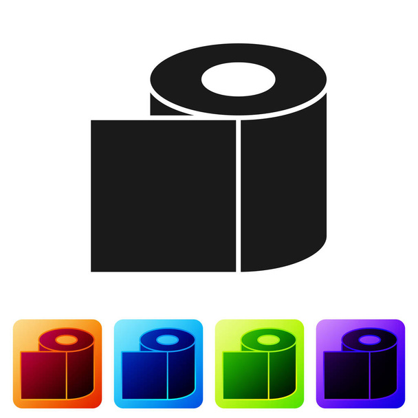 Schwarzes Toilettenpapierrollen-Symbol isoliert auf weißem Hintergrund. Setzen Sie Symbole in farbigen quadratischen Tasten. Vektorillustration - Vektor, Bild