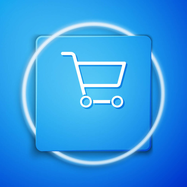 Иконка White Shopping выделена на синем фоне. Концепция онлайн-покупки. Знак службы доставки. Символ супермаркета. Синяя квадратная кнопка. Векторная миграция
 - Вектор,изображение