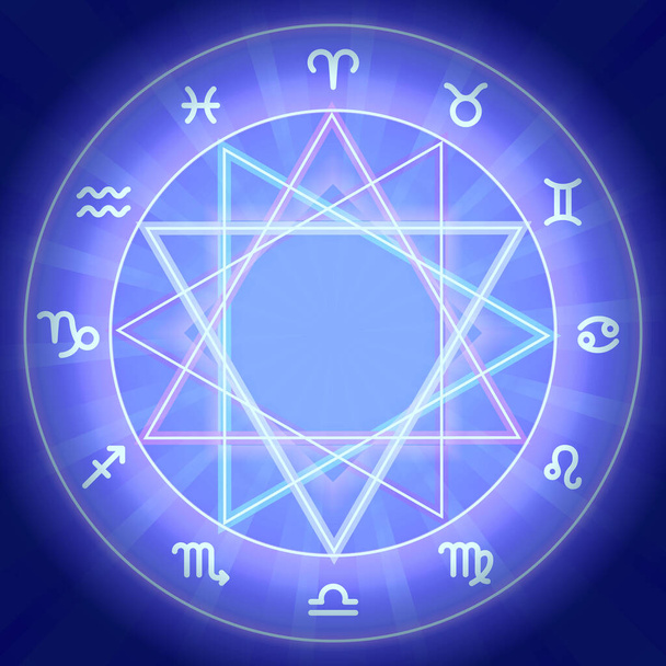 Ζωδιακός κύκλος σε αστραφτερό μαγικό κύκλο. Mandala φόντο. Συλλογή εικόνων Zodiac. Εικονογράφηση διανύσματος. - Διάνυσμα, εικόνα