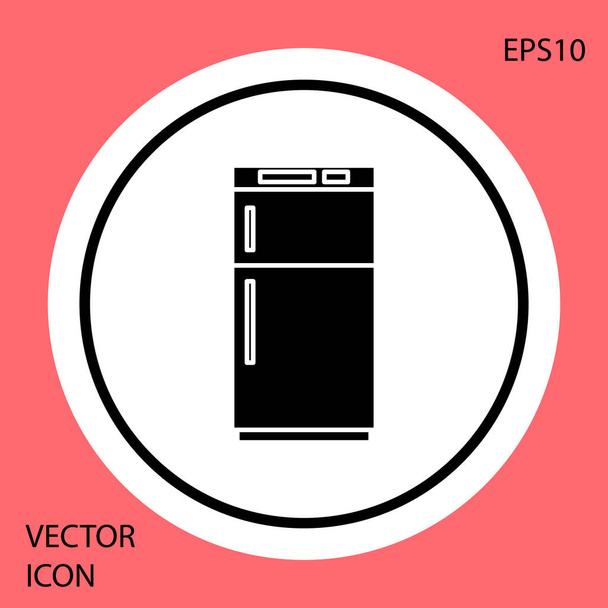 Μαύρο εικονίδιο ψυγείο απομονωμένο σε κόκκινο φόντο. Ψυγείο ψυγείου. Τεχνολογία και οικιακές συσκευές. Λευκό κουμπί κύκλου. Εικονογράφηση διανύσματος - Διάνυσμα, εικόνα