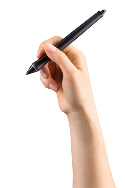 Hand holding digital graphic pen and drawing something isolated on white - Photo, Image